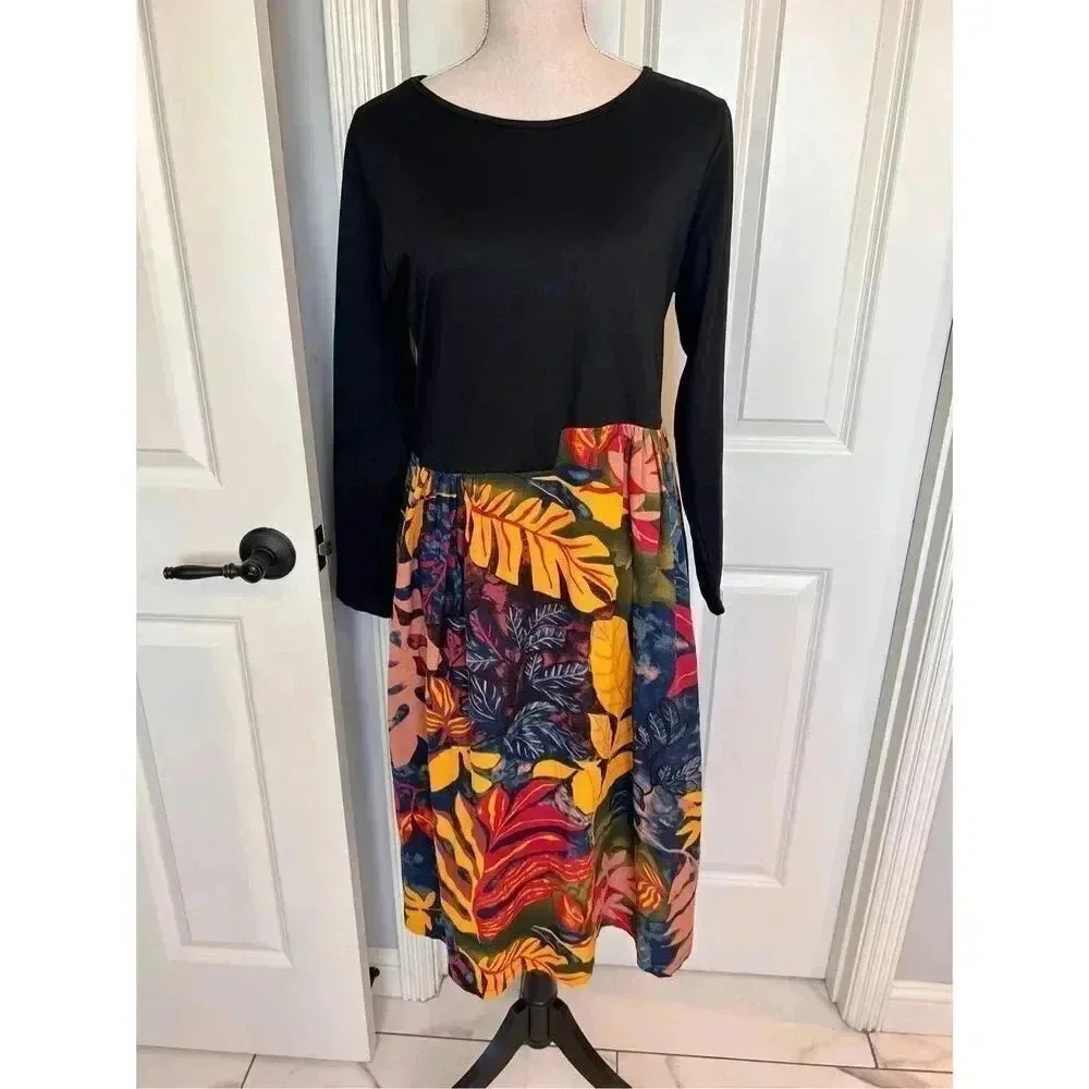 Jin Zi Lai Women’s Size Large Black Top‎ Floral Maxi Dress Long Sleeve NWT Japan